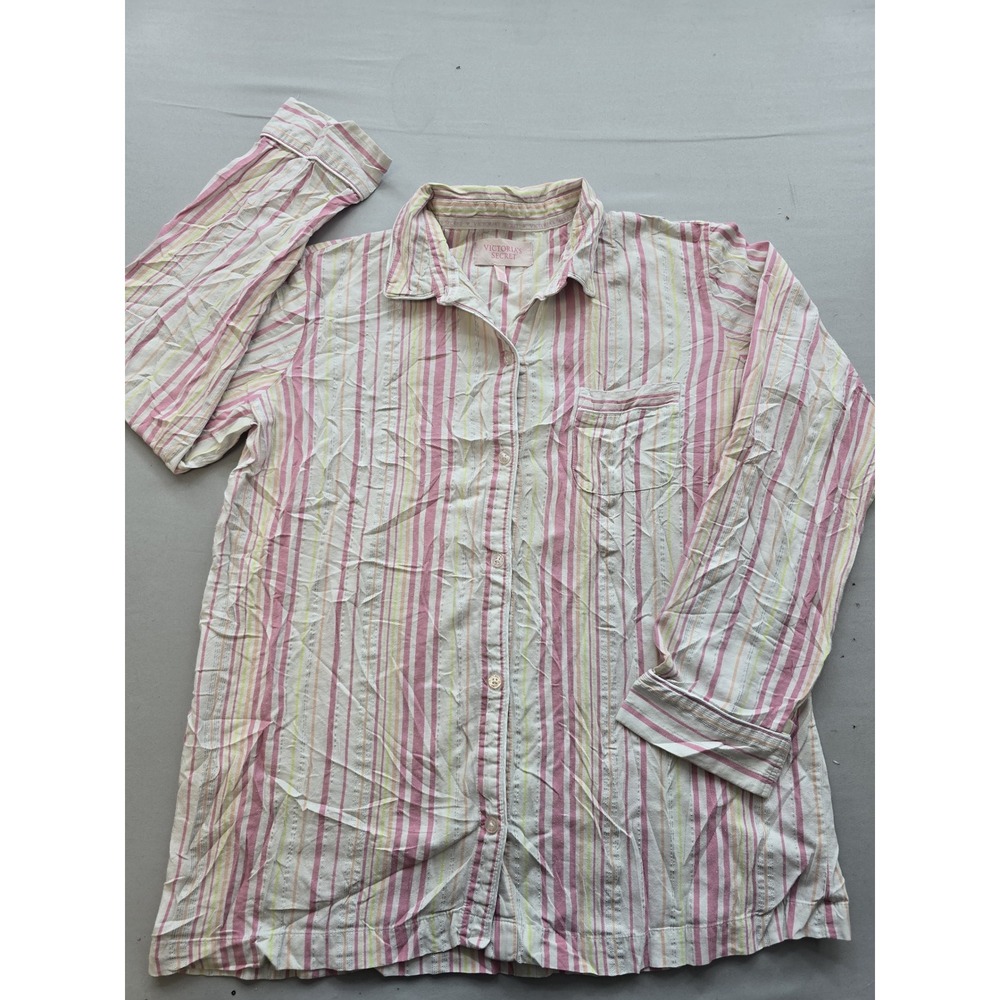 Victorias Secret Pajama Top Medium Pink Yellow Striped Lurex Button Down Sleep M